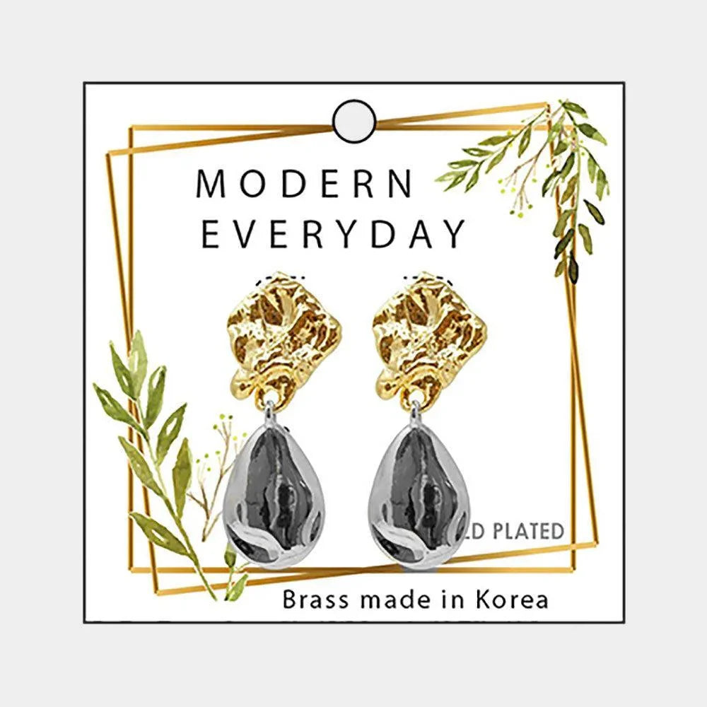 Two Tone 18K Gold Plated Brass Crushed Metal Detail Dangle Earrings - Jewelry Store by Erik Rayo