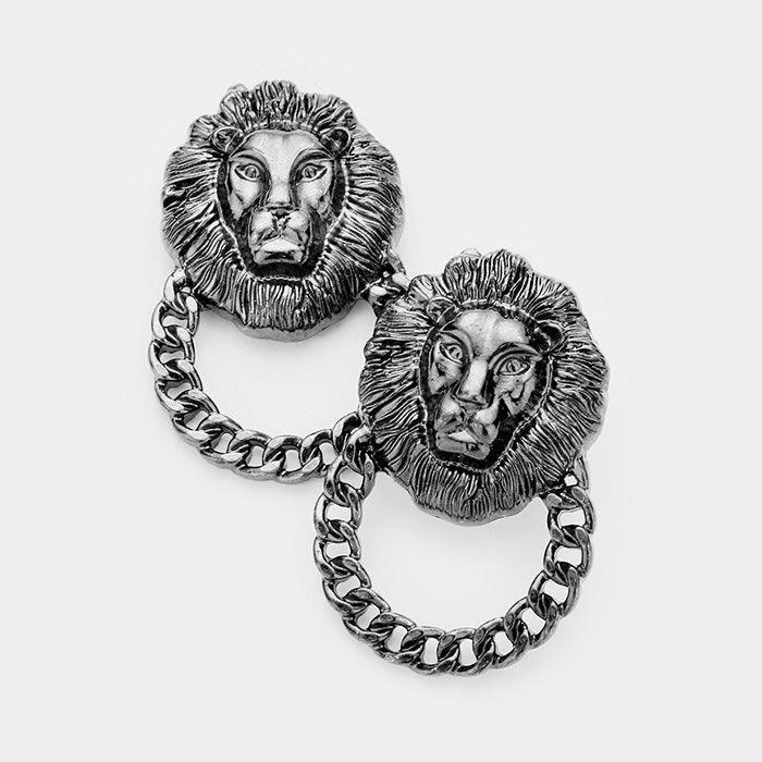 Hematite Lion Accented Chain Knocker Earrings - Jewelry Store by Erik Rayo