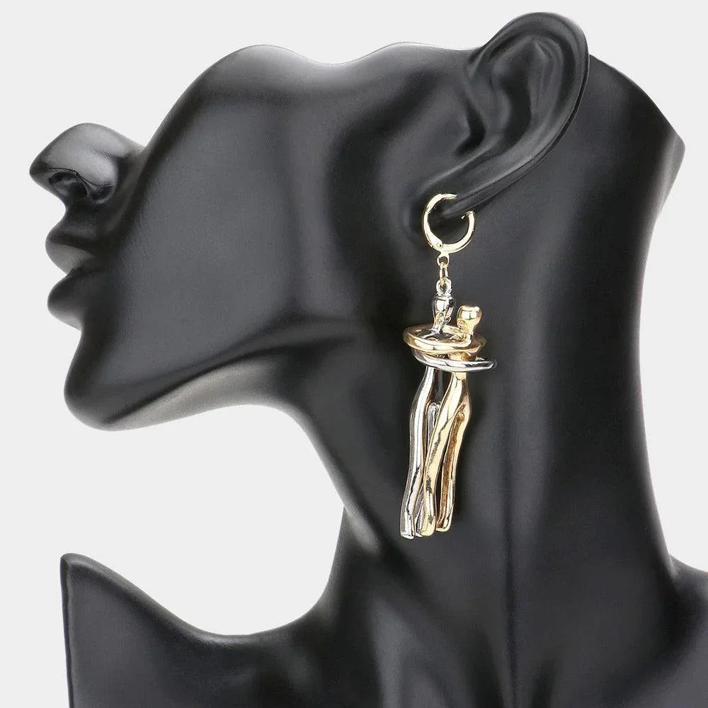 Two Tone Metal People Hugging Dangle Huggie Hoop Earrings - Jewelry Store by Erik Rayo
