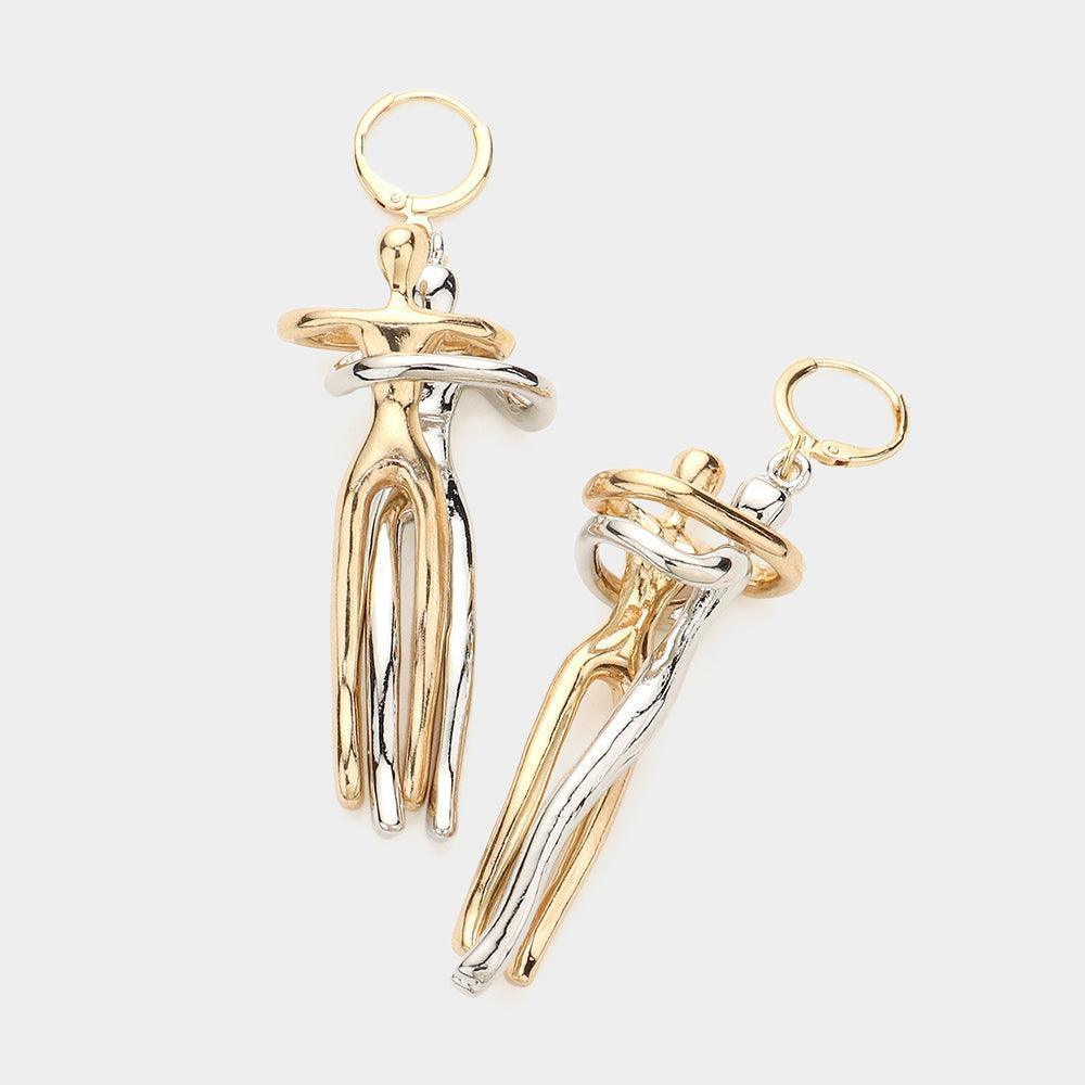 Two Tone Metal People Hugging Dangle Huggie Hoop Earrings - Jewelry Store by Erik Rayo