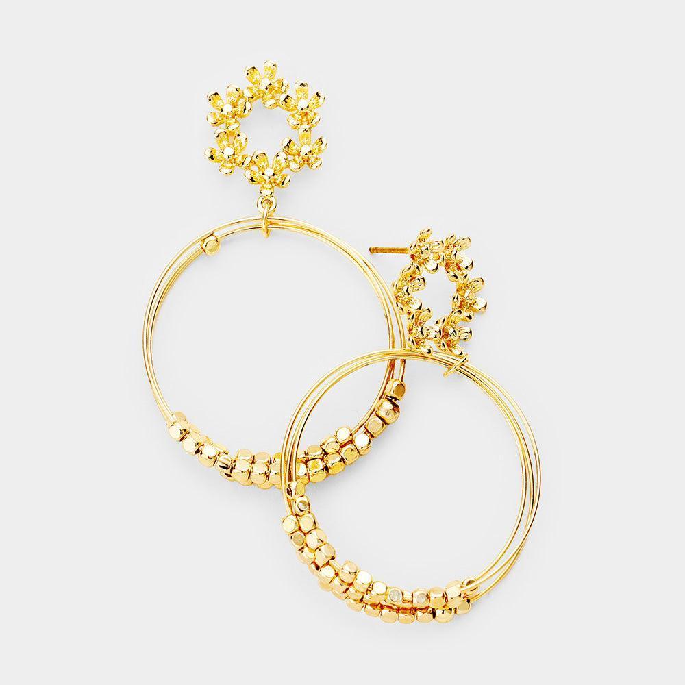 Gold Floral Metal Beaded Round Dangle Earrings - Jewelry Store by Erik Rayo