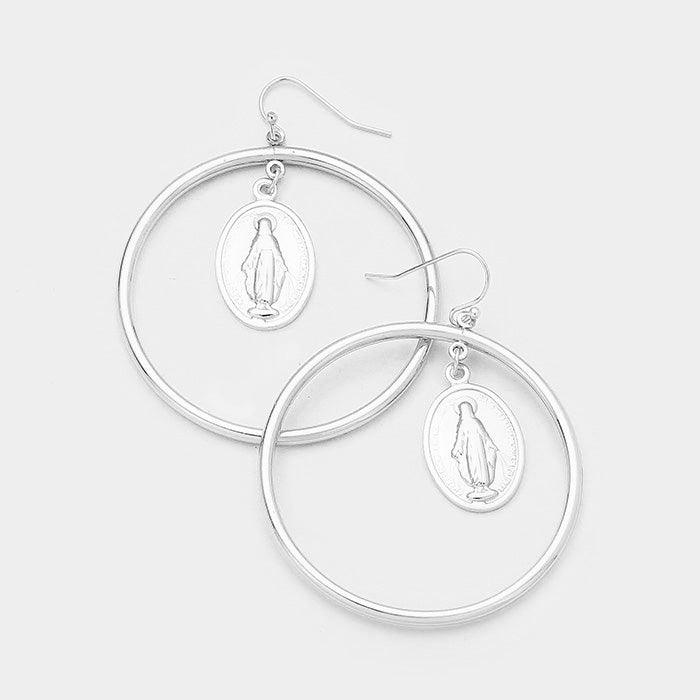 Saint Mary Oval Disc Metal Hoop Dangle Earrings