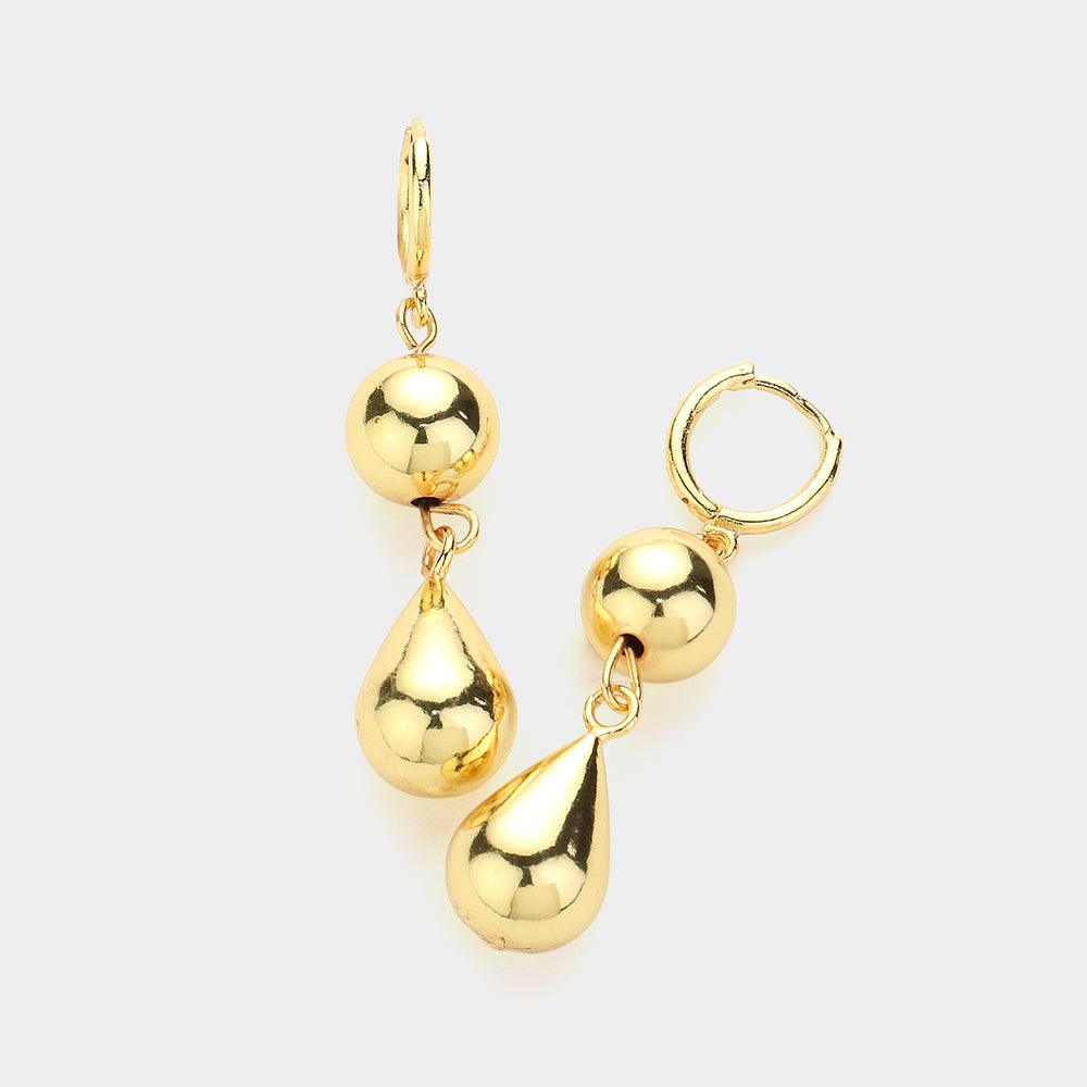 Gold Metal Ball Teardrop Dangle Huggie Earrings