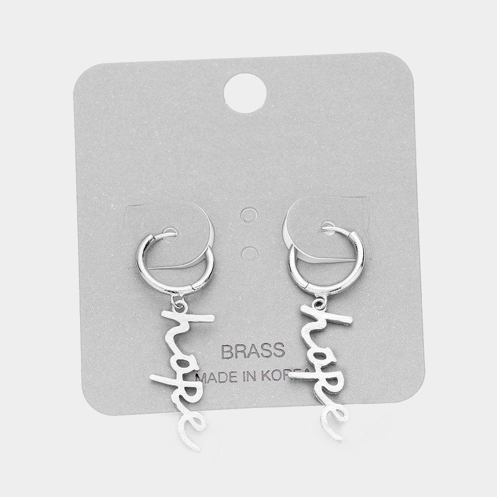 Silver HOPE Brass Metal Huggie Earrings - Jewelry Store by Erik Rayo