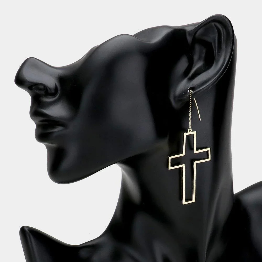 Gold Brass Open Metal Cross Threader Earrings - Jewelry Store by Erik Rayo