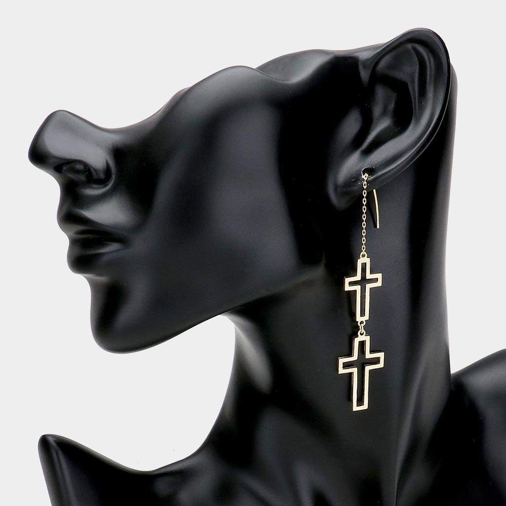 Gold Brass Double Open Metal Cross Link Threader Earrings