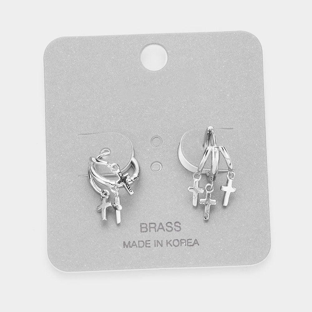 Brass Metal Triple Cross Dangle Huggie Earrings - Jewelry Store by Erik Rayo