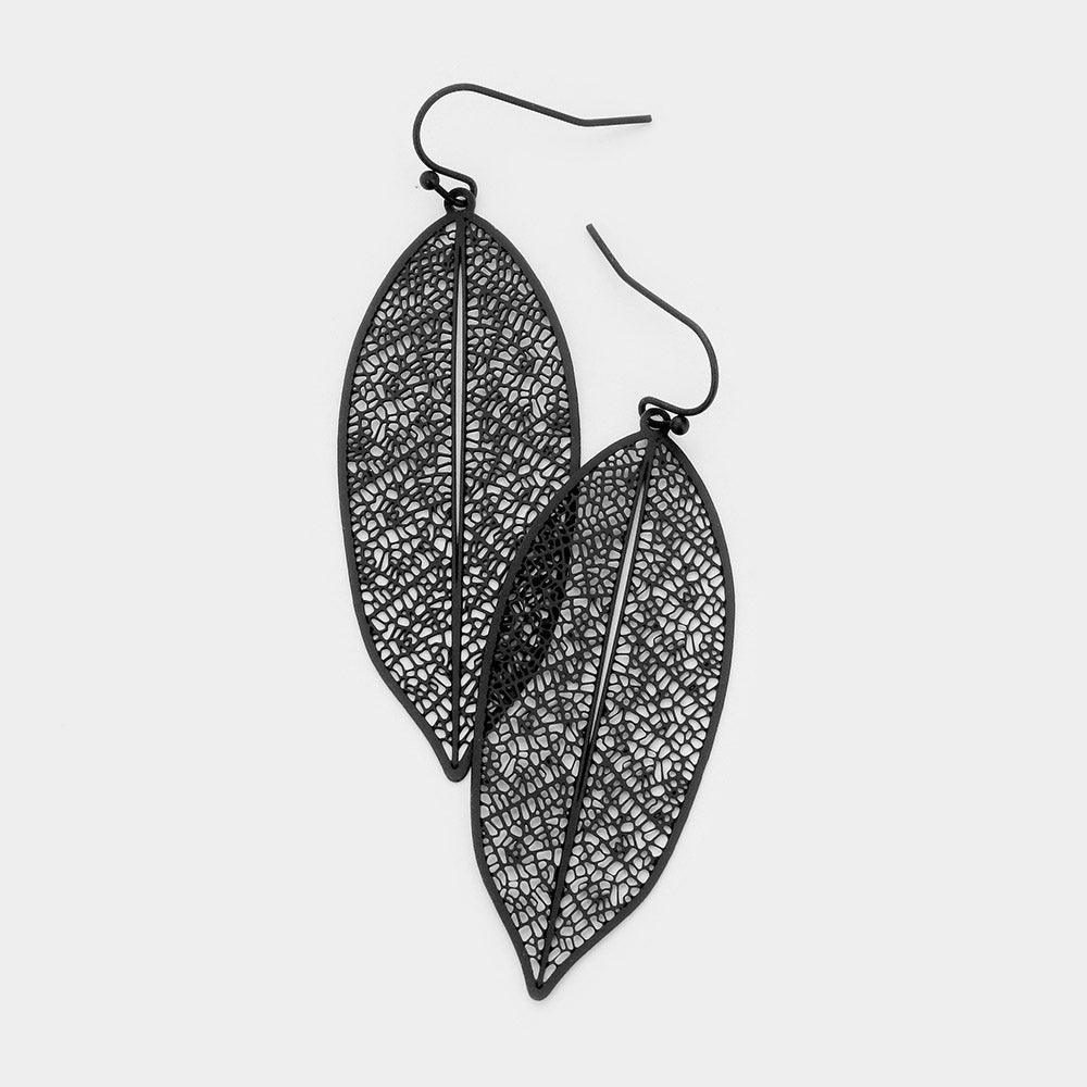 Black Brass Metal Leaf Filigree Earrings - Jewelry Store by Erik Rayo