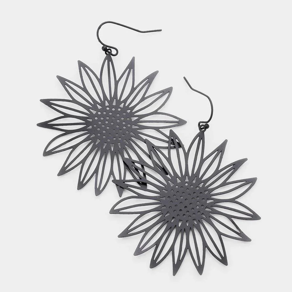 Black Brass Metal Sunflower Dangle Earrings - Jewelry Store by Erik Rayo
