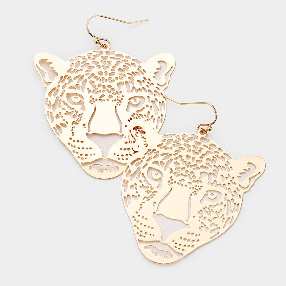 Gold Brass Metal Cut Out Leopard Dangle Earrings