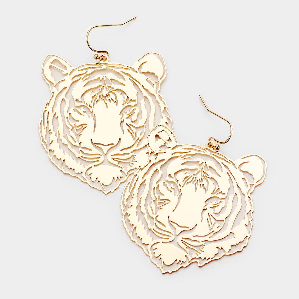 Gold Brass Metal Cut Out Tiger Dangle Earrings