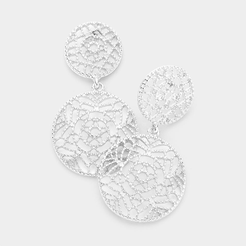 Silver Patterned Double Metal Circle Link Dangle Earrings - Jewelry Store by Erik Rayo
