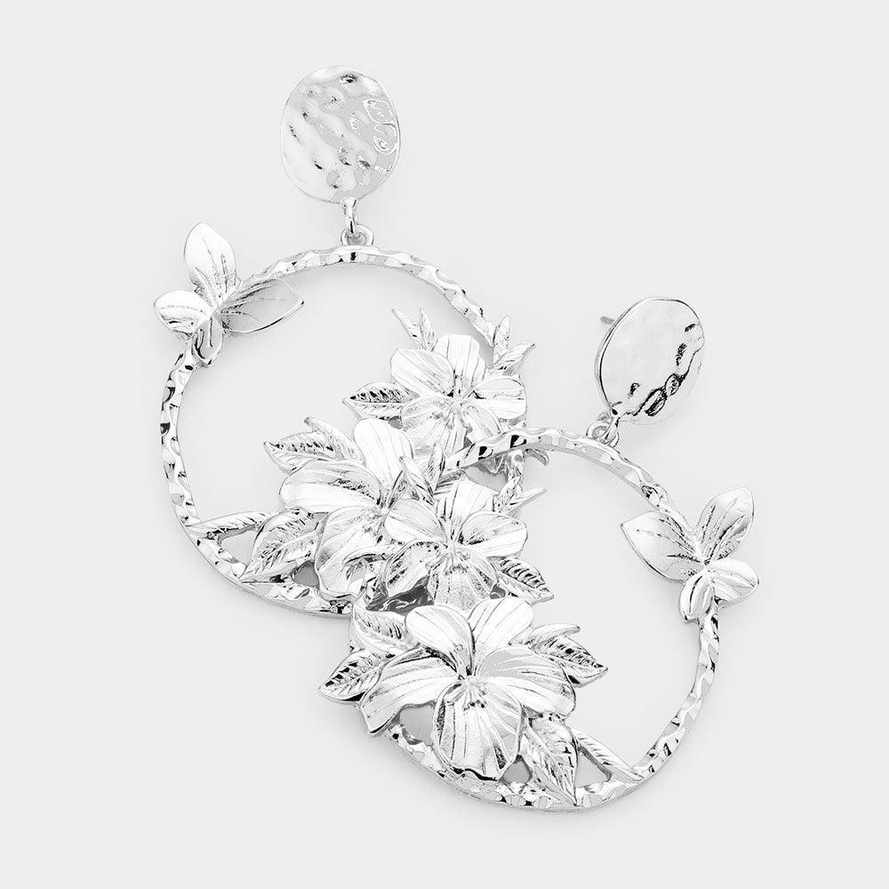 Flower Leaf Butterfly Detail Open Metal Circle Dangle Earrings - Jewelry Store by Erik Rayo