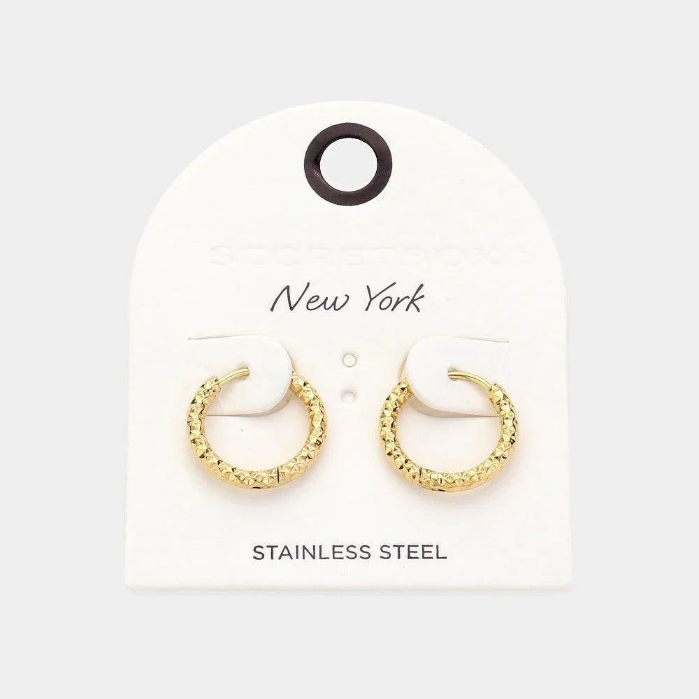 Gold Textured Stainless Steel Huggie Hoop Earrings - Jewelry Store by Erik Rayo