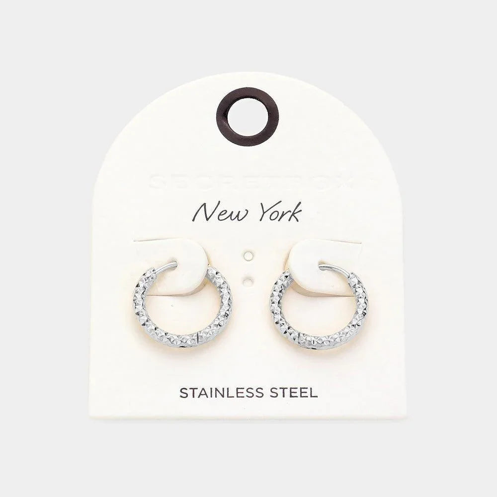 Textured Stainless Steel Huggie Hoop Earrings - Jewelry Store by Erik Rayo