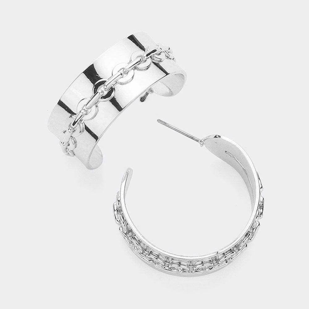 Silver Sterling Silver Dipped Hypoallergenic Chain Pointed Hoop Earrings