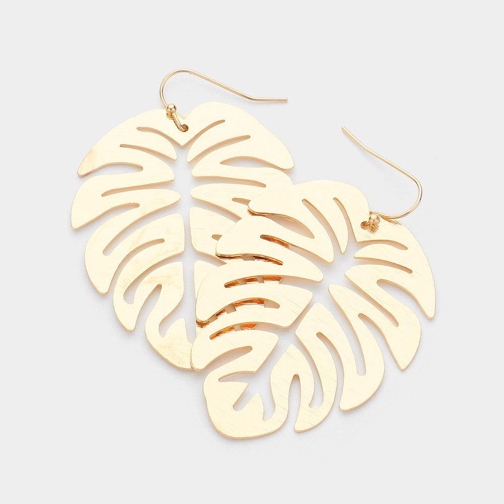 Gold Metal Cutout Tropical Leaf Dangle Earrings