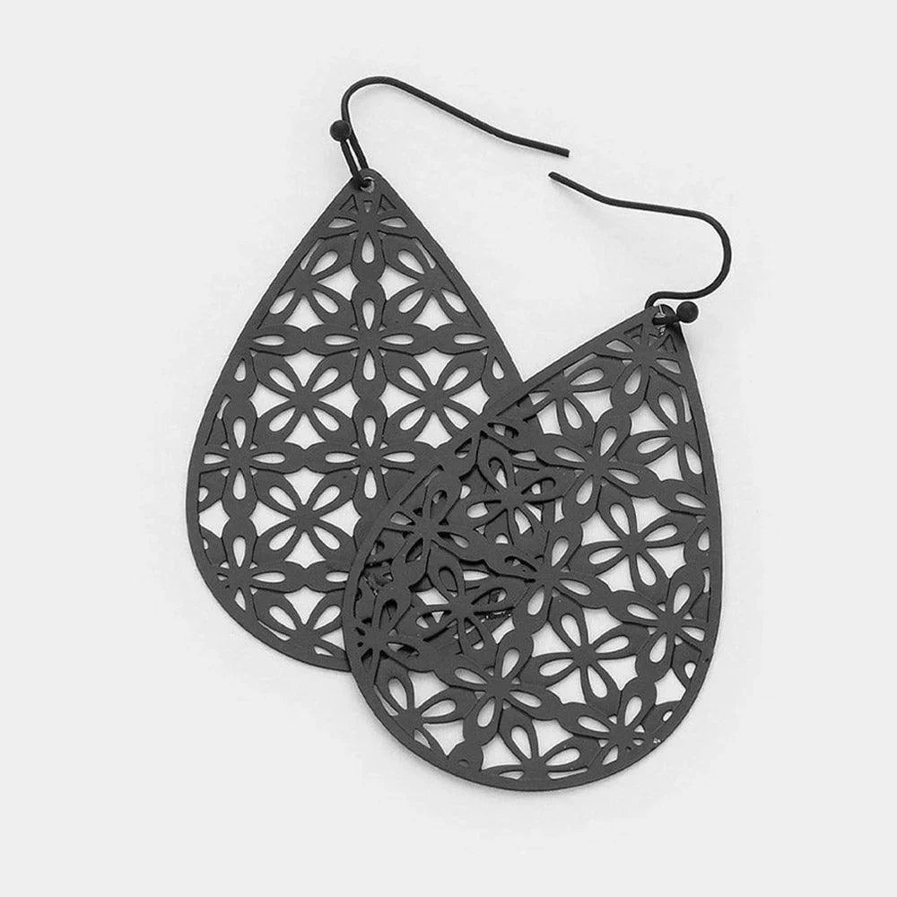 Black Abstract Pattern Teardrop Metal Filigree Dangle Earrings - Jewelry Store by Erik Rayo