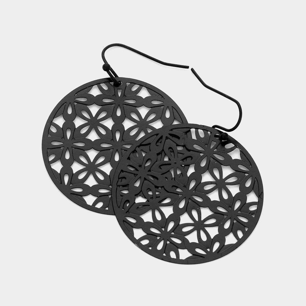 Black Abstract Pattern Circle Metal Filigree Dangle Earrings - Jewelry Store by Erik Rayo