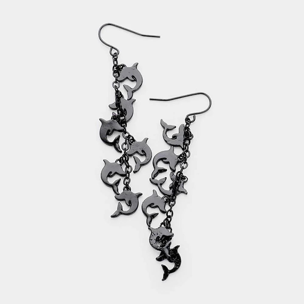 Black Metal Dolphin Cluster Vine Dangle Earrings - Jewelry Store by Erik Rayo