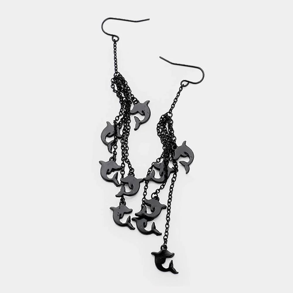 Black Multi Metal Dolphin Drop Chain Dangle Earrings - Jewelry Store by Erik Rayo