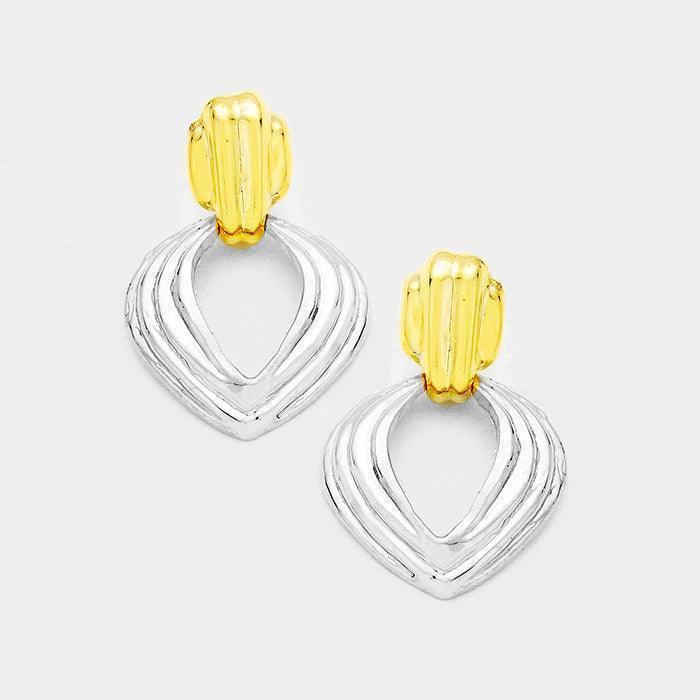 Gold Two Tone Textured Cut Out Metal Clip on Earrings - Jewelry Store by Erik Rayo