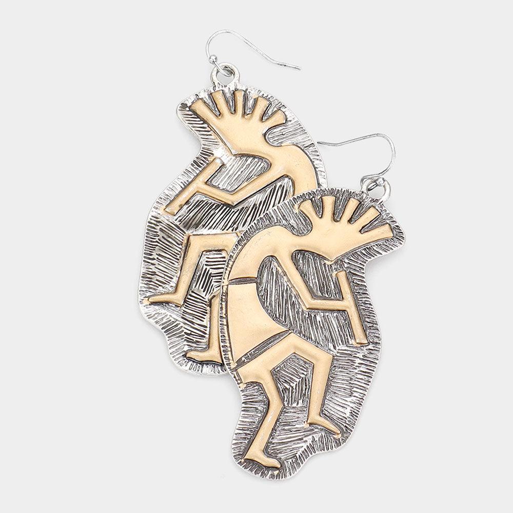 Two Tone Metal Kokopelli Flute Player Dangle Earrings