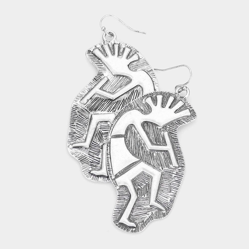 Silver Metal Kokopelli Flute Player Dangle Earrings - Jewelry Store by Erik Rayo