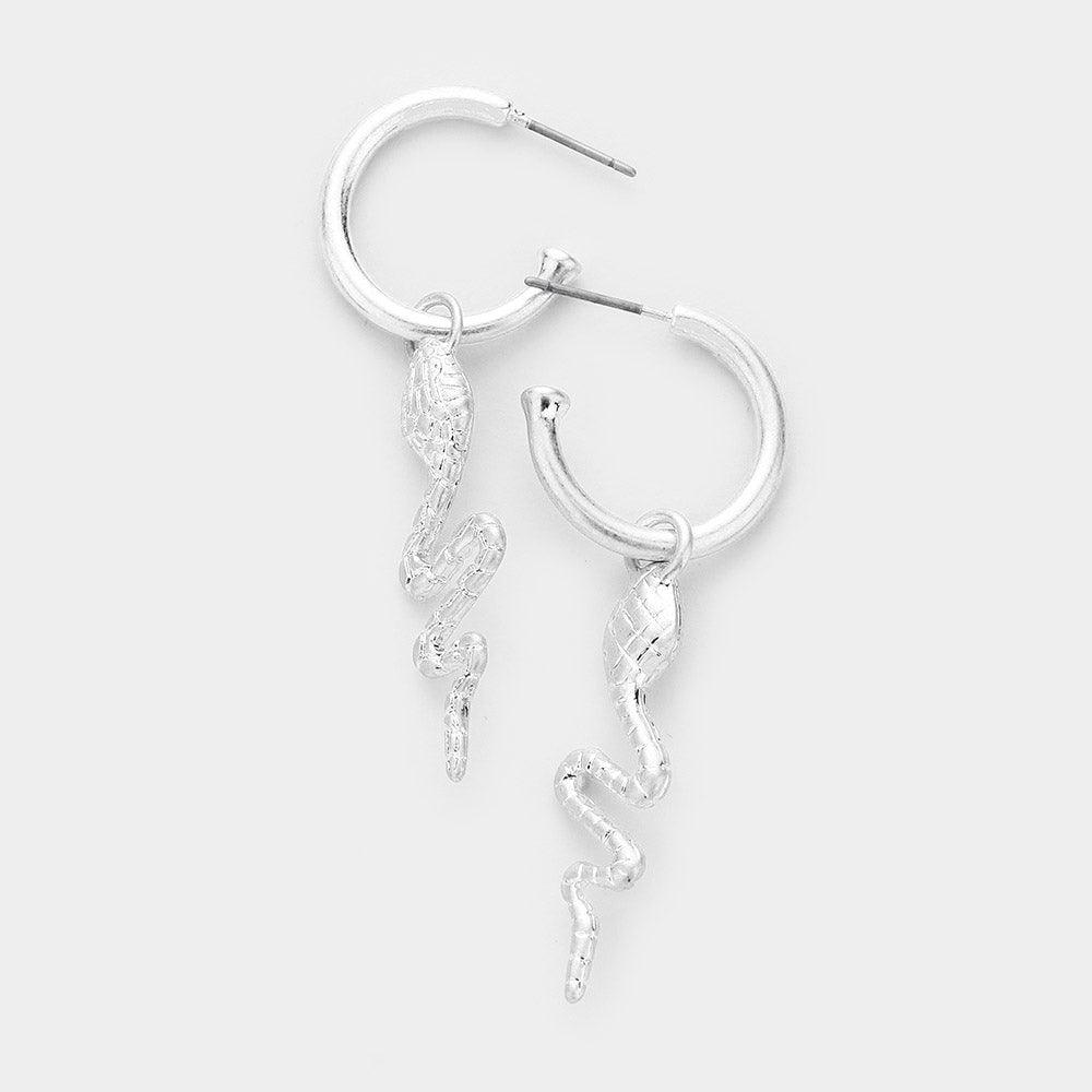 Silver Textured Metal Snake Drop Hoop Earrings