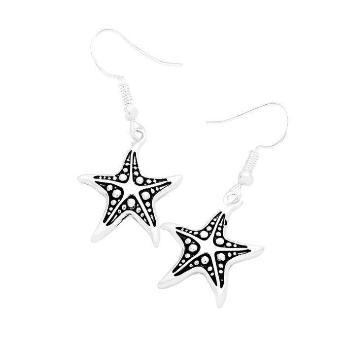 Silver Antique Embossed Starfish Dangle Earrings