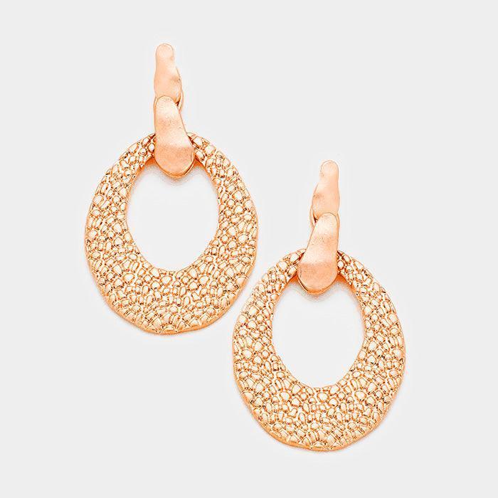 Rose Gold Embossed Cut Out Metal Oval Dangle Earrings - Jewelry Store by Erik Rayo