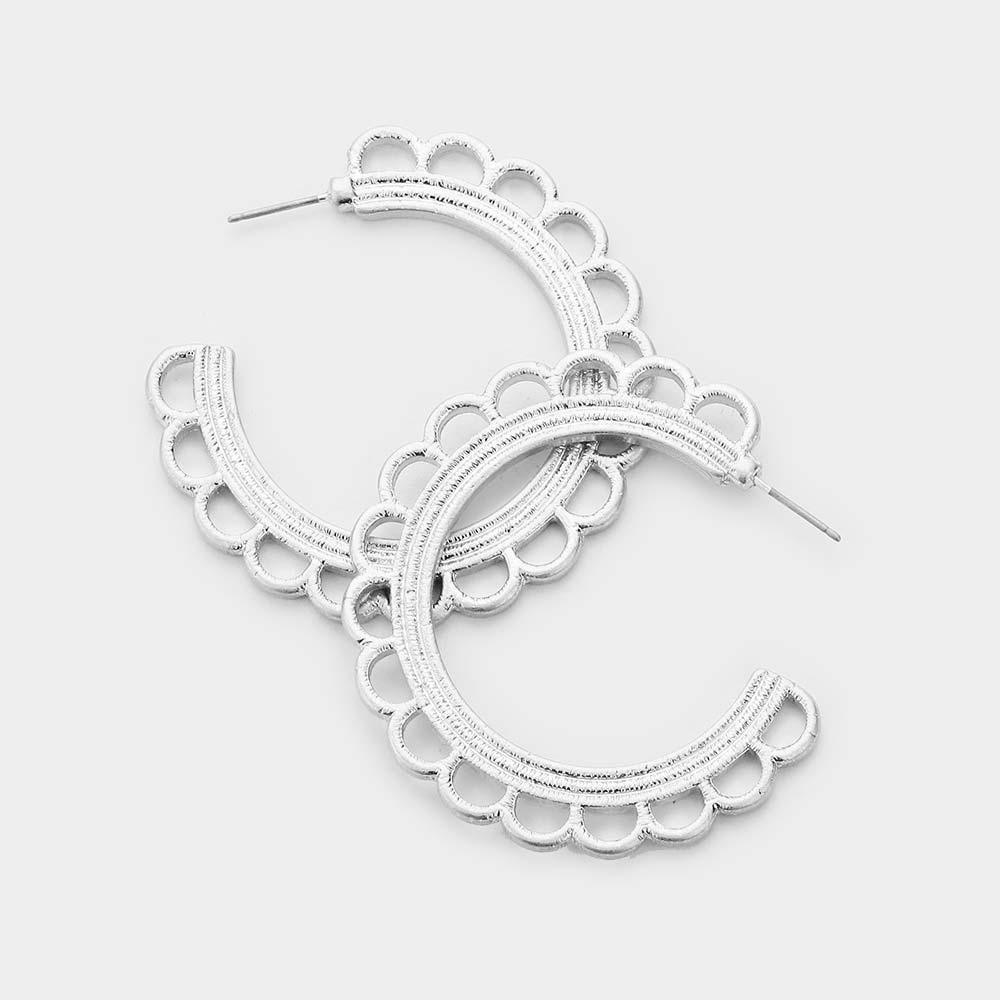 Silver Floral Open Circle Hoop Metal Earrings - Jewelry Store by Erik Rayo