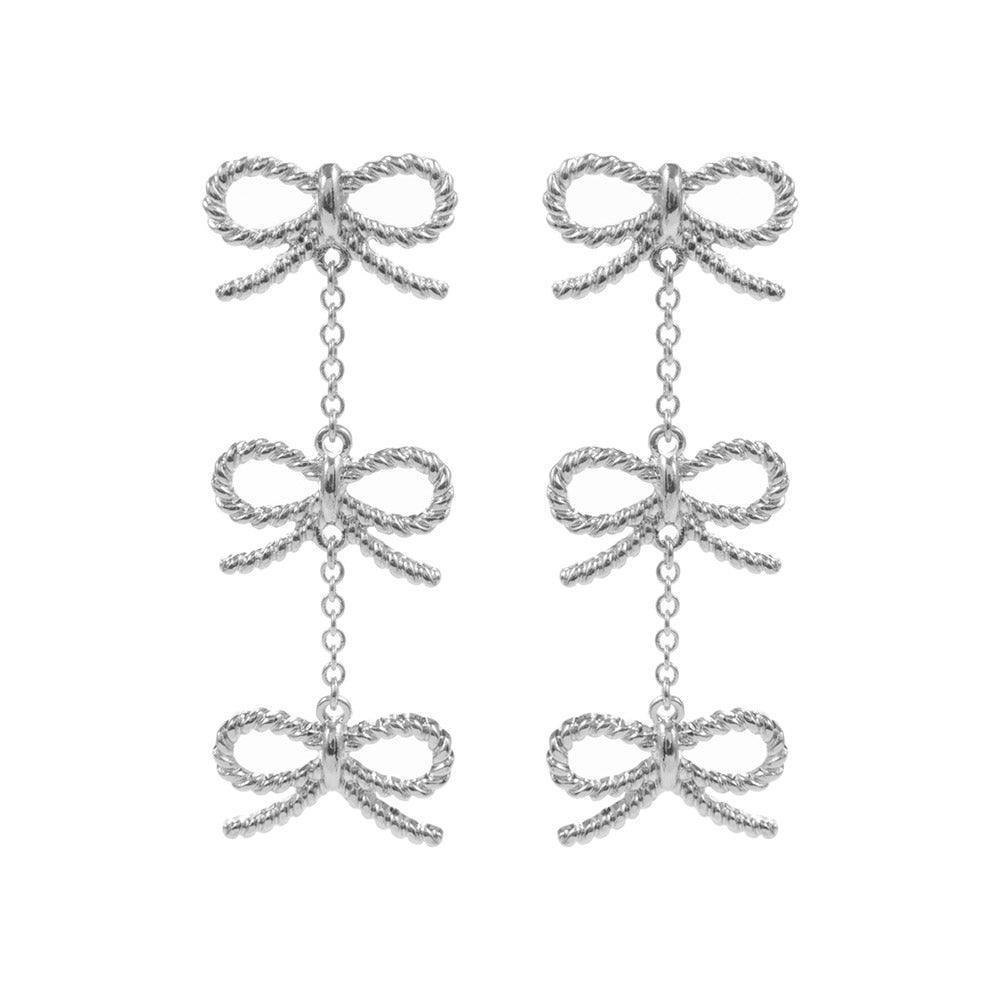 Silver Hypoallergenic Titanium Post Textured Bow Link Dropdown Earrings - Jewelry Store by Erik Rayo