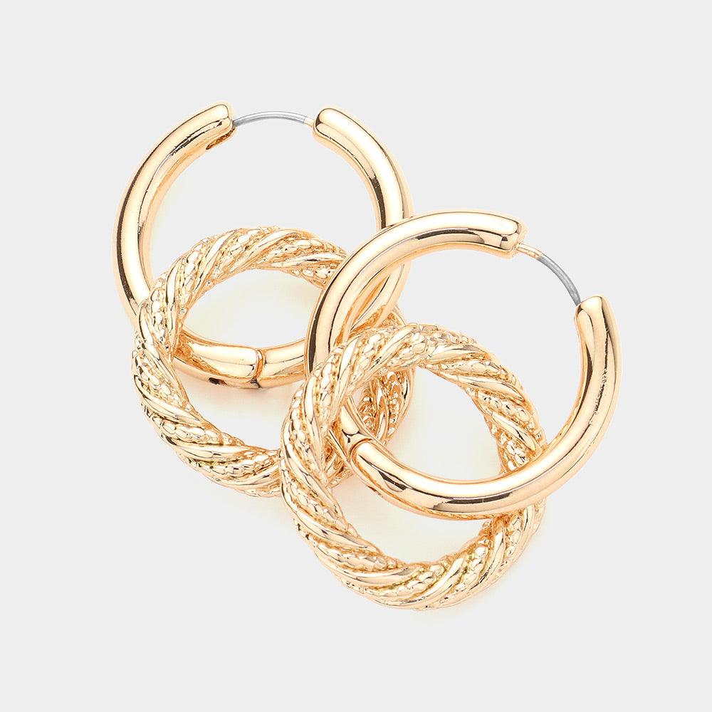 Gold Textured Metal O Ring Link Huggie Earrings