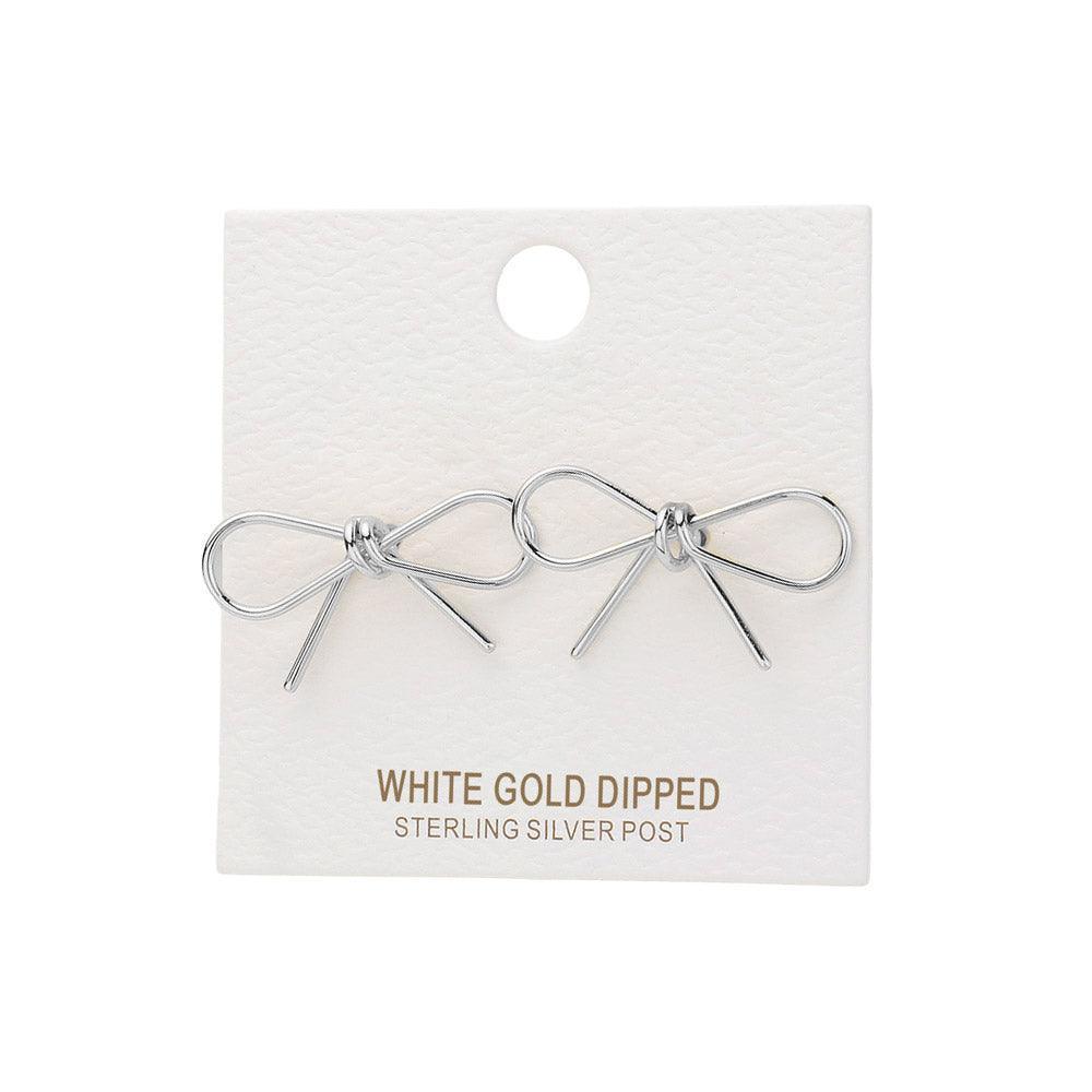 Silver White Gold Dipped Metal Wire Bow Stud Earrings - Jewelry Store by Erik Rayo