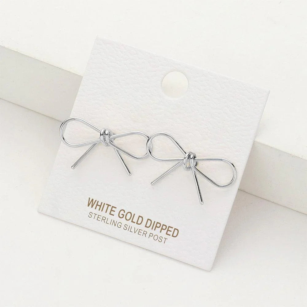 Silver White Gold Dipped Metal Wire Bow Stud Earrings - Jewelry Store by Erik Rayo