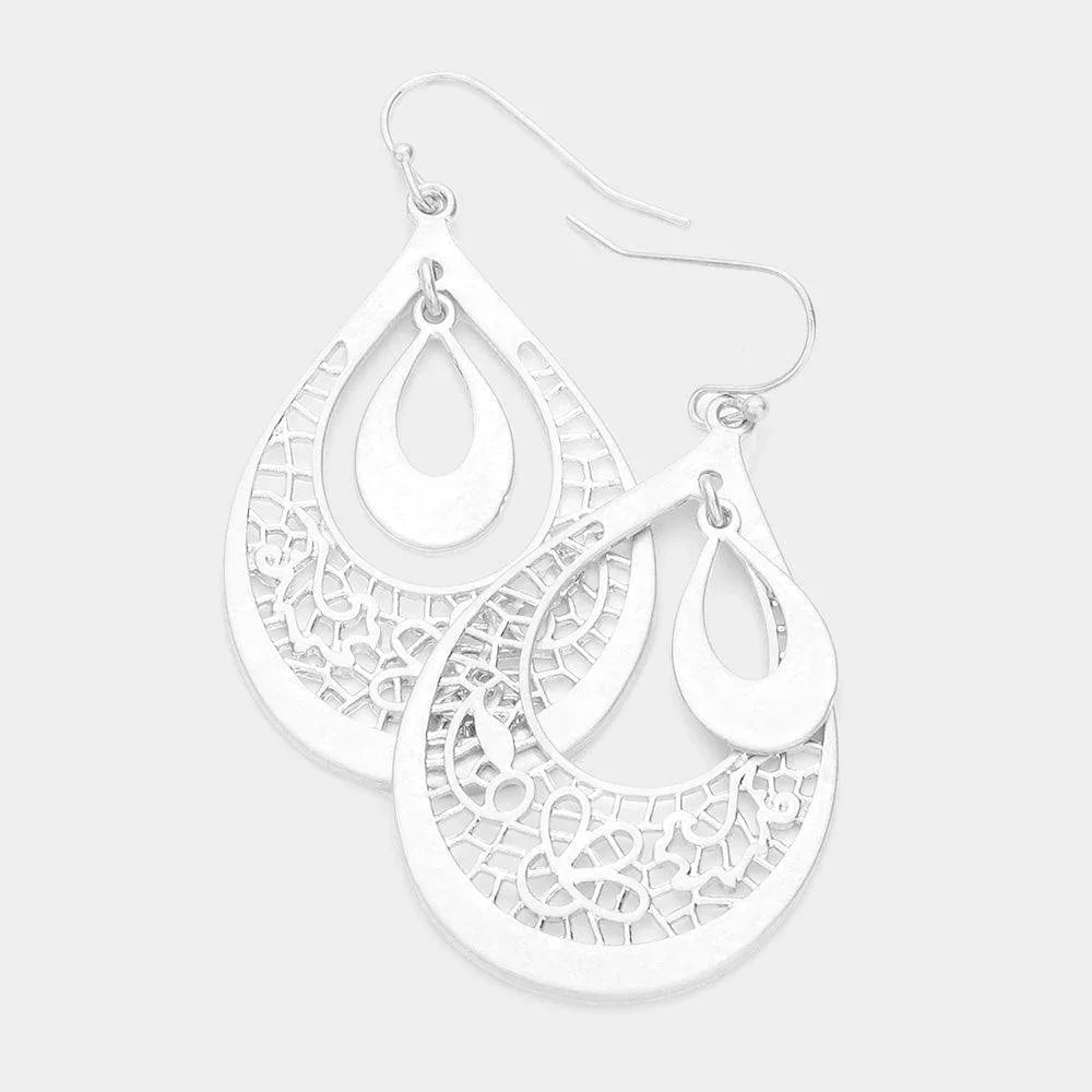 Silver Filigree Metal Teardrop Dangle Earrings - Jewelry Store by Erik Rayo