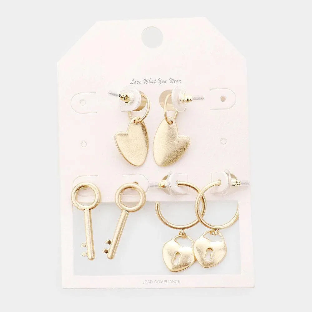 Gold 3Pairs - Metal Heart Key Lock Dangle Earrings - Jewelry Store by Erik Rayo