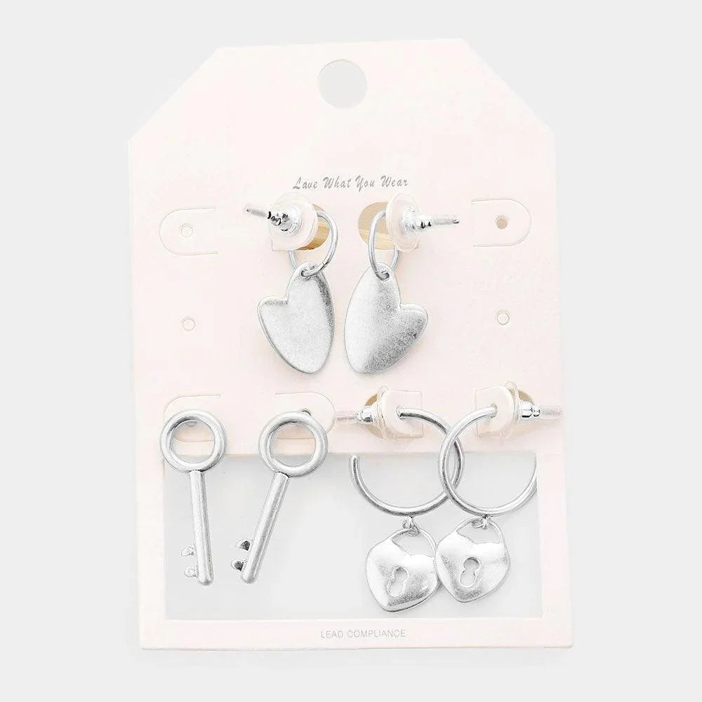 Silver 3Pairs - Metal Heart Key Lock Dangle Earrings - Jewelry Store by Erik Rayo