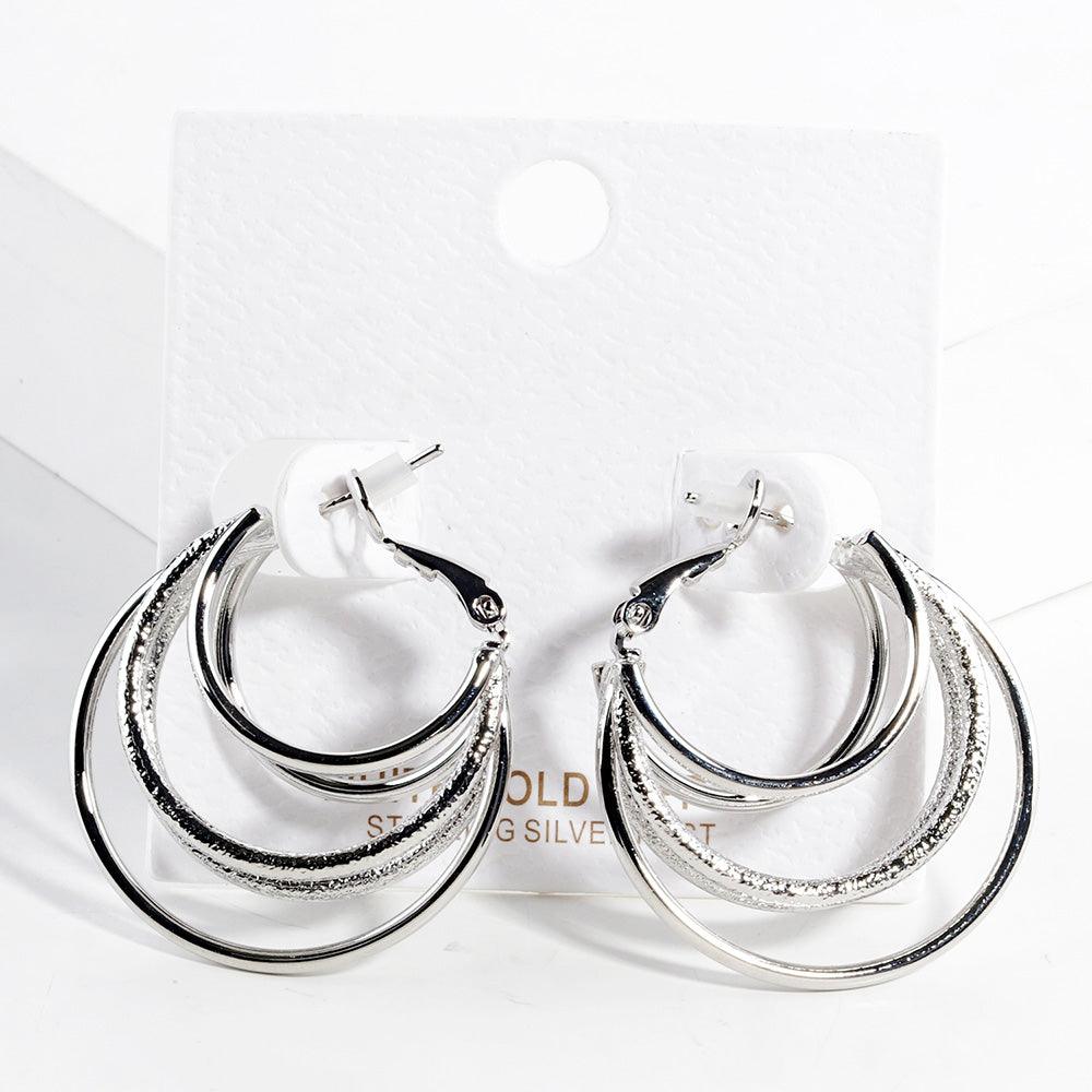 Silver White Gold Dipped Split 3D Metal Hoop Earrings