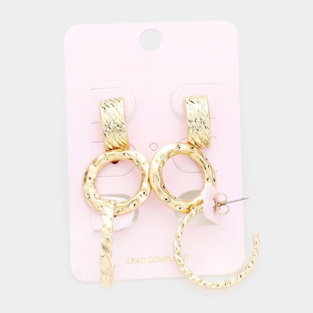 Gold 3 Pairs - Textured Metal Hoop Earrings - Jewelry Store by Erik Rayo