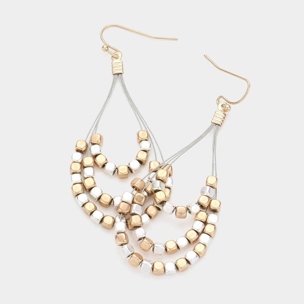 Silver Metal Cube Beaded Teardrop Wire Dangle Earrings