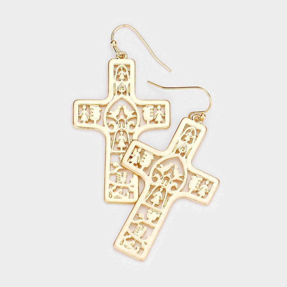 Gold Cut Out Detailed Metal Cross Dangle Earrings - Jewelry Store by Erik Rayo