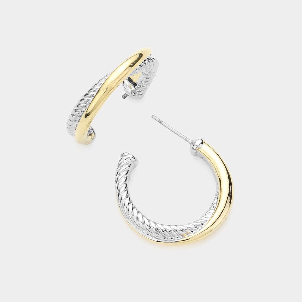 Two Tone Crisscross Metal Hoop Earrings