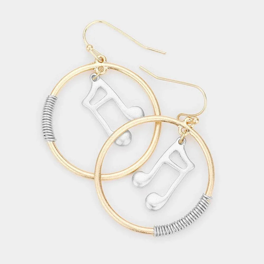 Two Tone Music Notes Accented Wire Wrapped Open Metal Circle Dangle Earrings - Jewelry Store by Erik Rayo