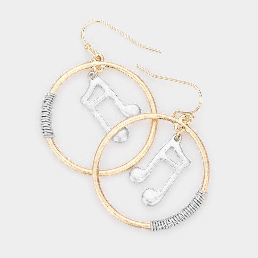 Two Tone Music Notes Accented Wire Wrapped Open Metal Circle Dangle Earrings