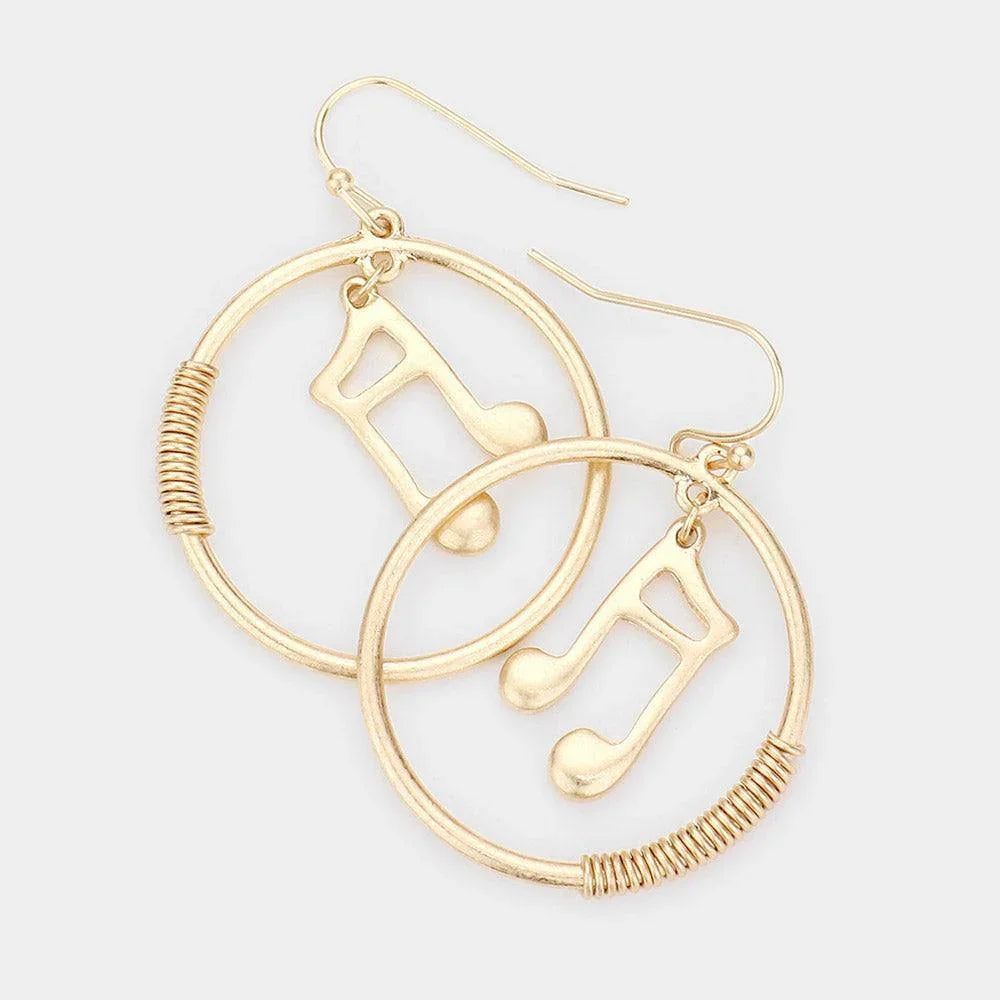 Gold Music Notes Accented Wire Wrapped Open Metal Circle Dangle Earrings - Jewelry Store by Erik Rayo