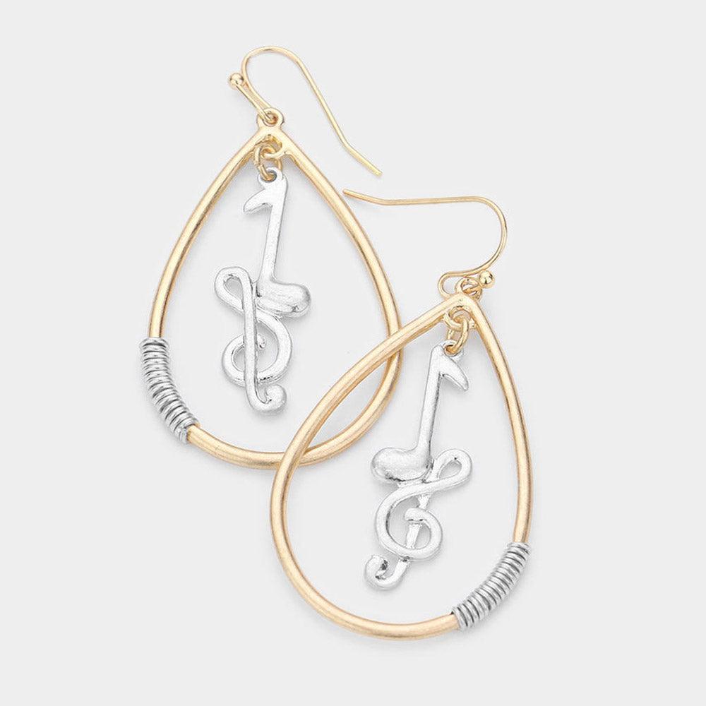 Two Tone Music Nots Treble Clef Accented Open Metal Teardrop Dangle Earrings