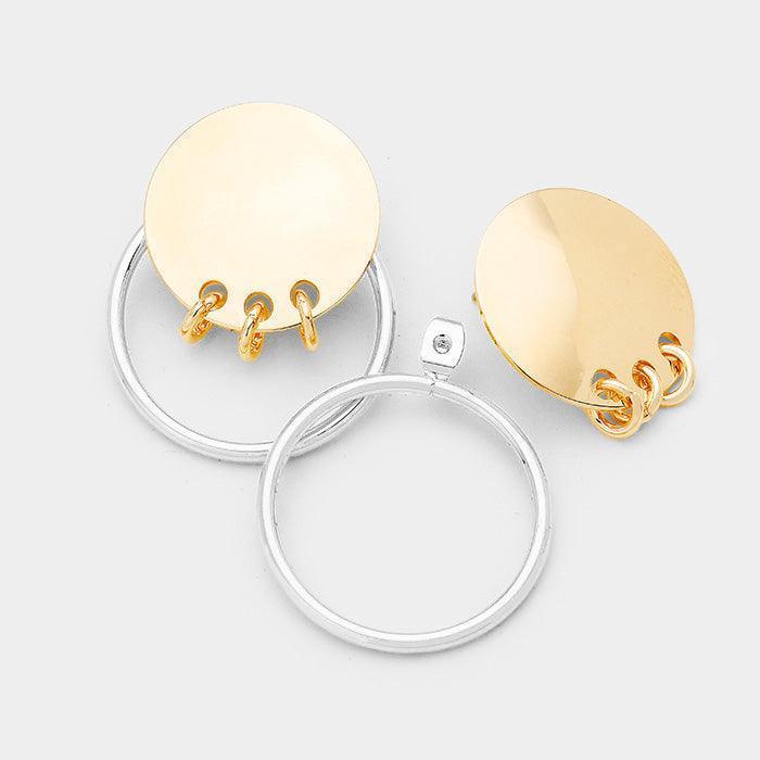Gold Triple Ring Linked Metal Disc Metal Hoop Earrings - Jewelry Store by Erik Rayo
