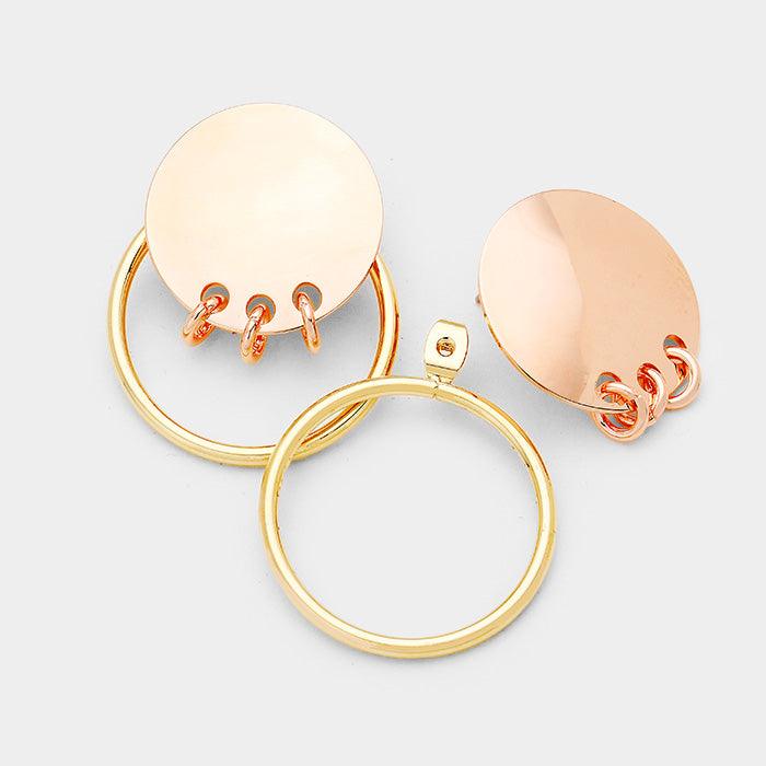 Rose Gold Triple Ring Linked Metal Disc Metal Hoop Earrings